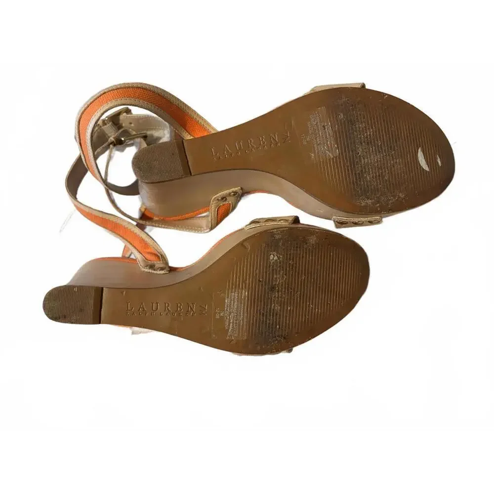 Ralph Lauren Beige and Orange Wedge Sandals Buckle Straps 7 - Picture 8 of 8